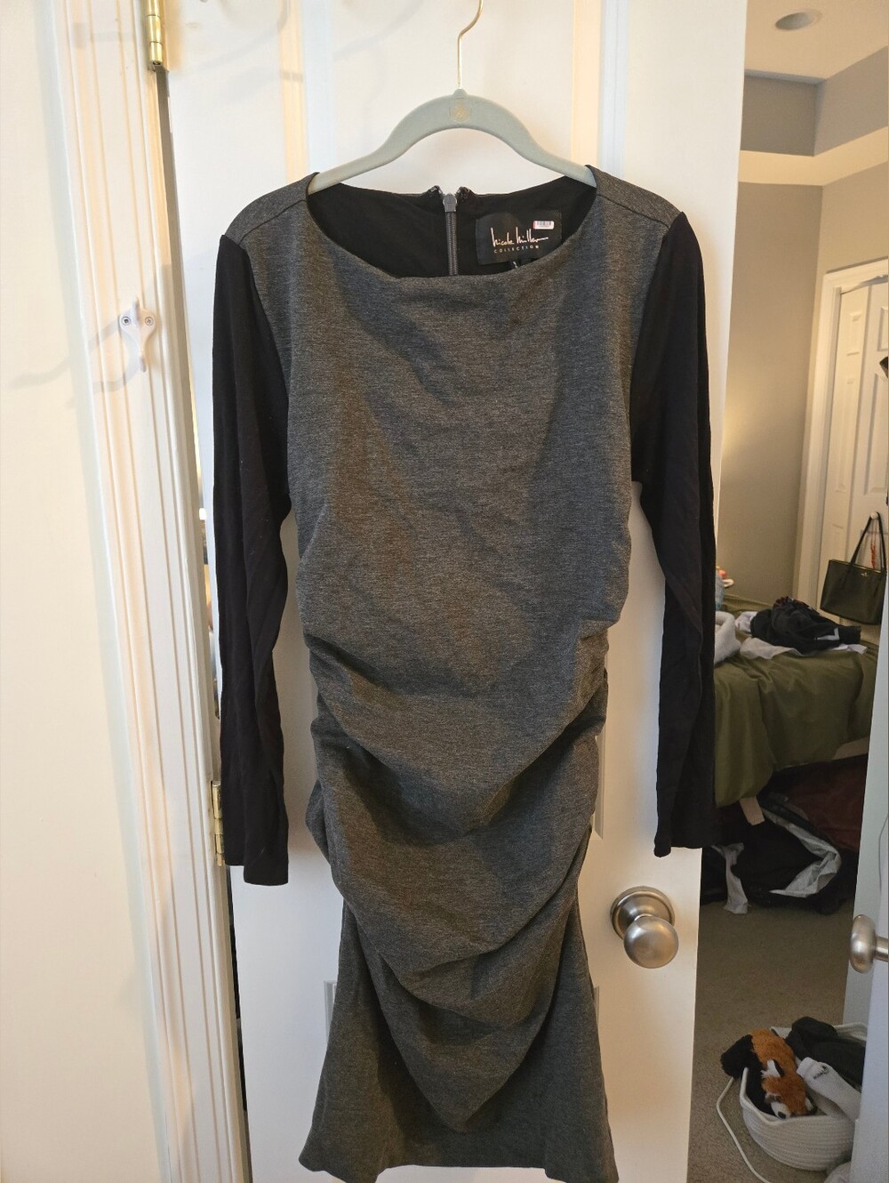 Nicole Miller Ruched Grey Long Sleeve Dress